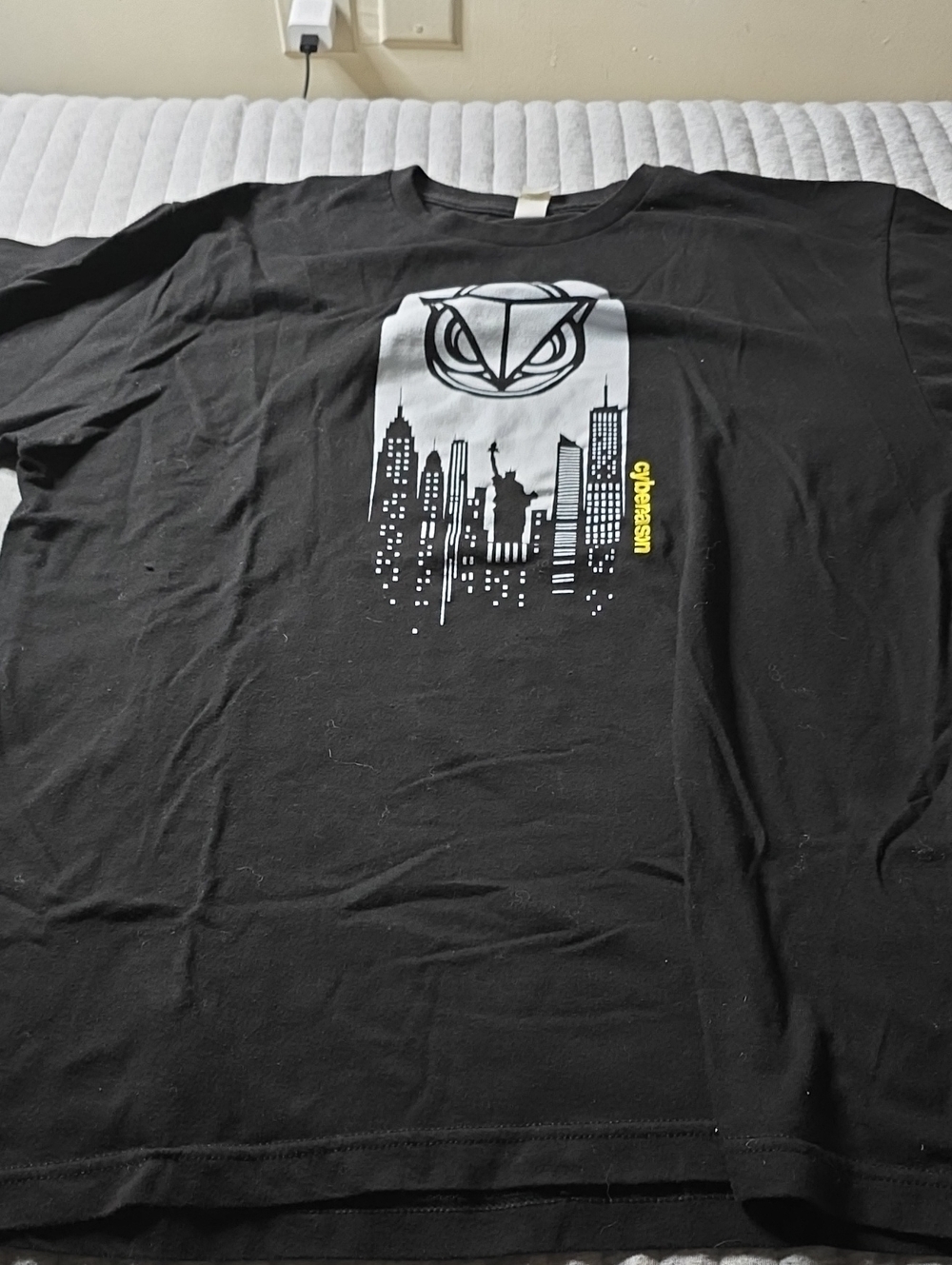 Tultex Black Short-Sleeve Tee with White City Skyline and Owl Graphic